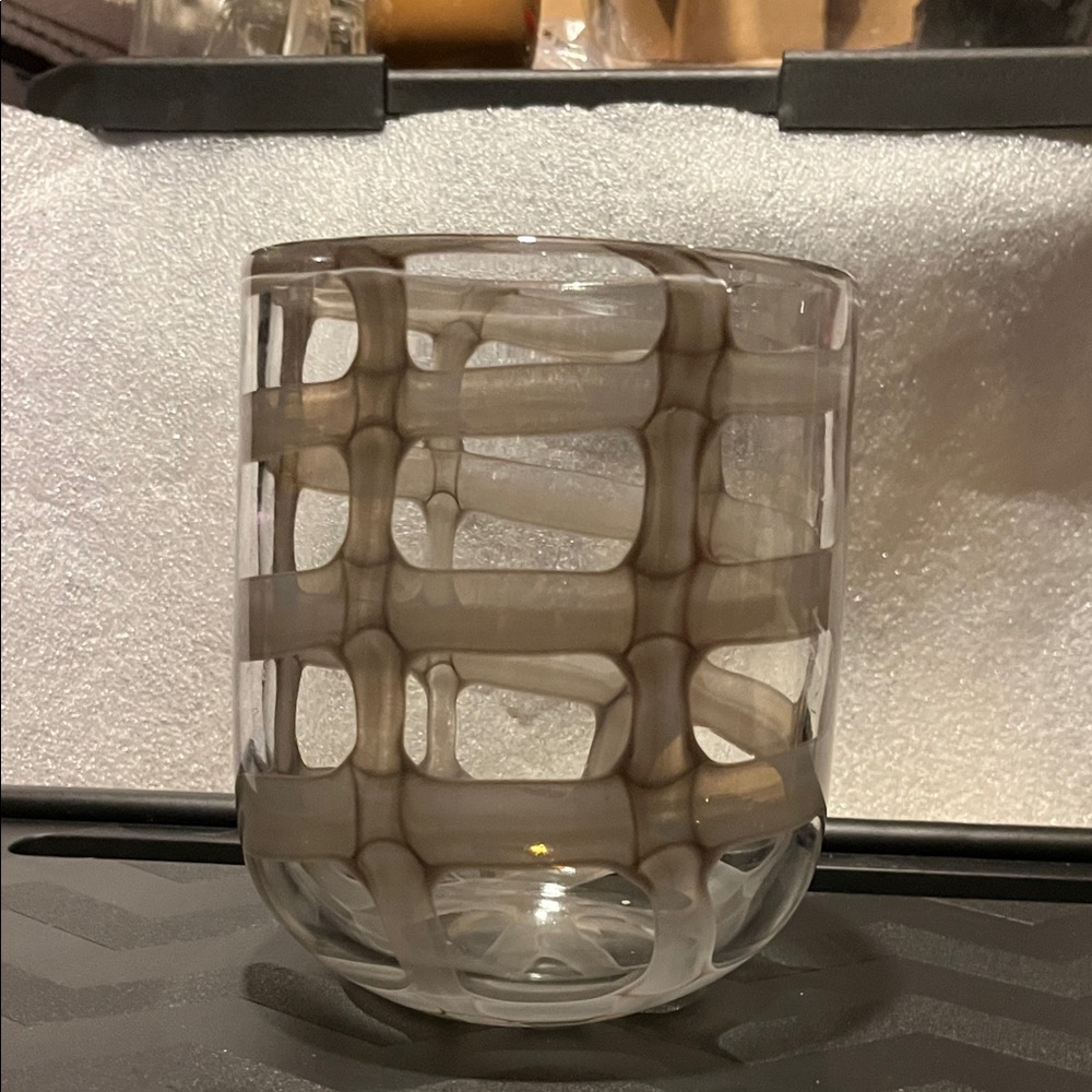 Smoke-Grid Glass Vase - Neutral Toned Decorative Accent